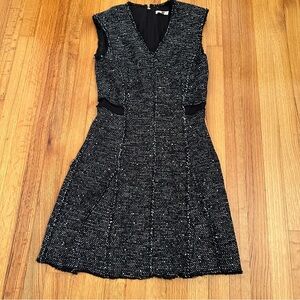 REBECCA TAYLOR tweed dress cap sleeve A-line black white frayed edge 10(v)